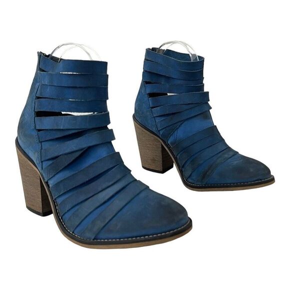 Free People Size 37 US 7 Blue Hybrid Strappy Heel Ankle Boots Booties Zip - Picture 1 of 8